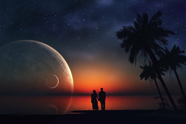 Photo of the moon, couple by the sea, night sky