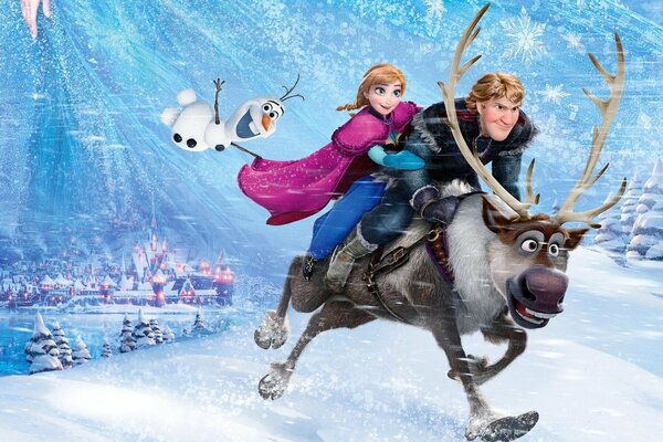 A guy, a girl and a snowman are riding a deer