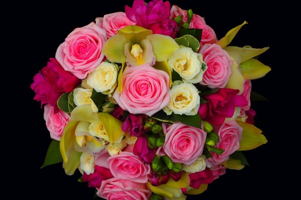 Charming bouquet of roses and orchids on a black background