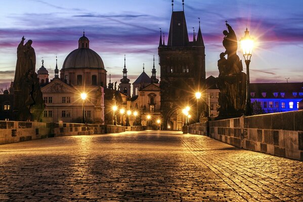 The old bridge and the evening lights of the city