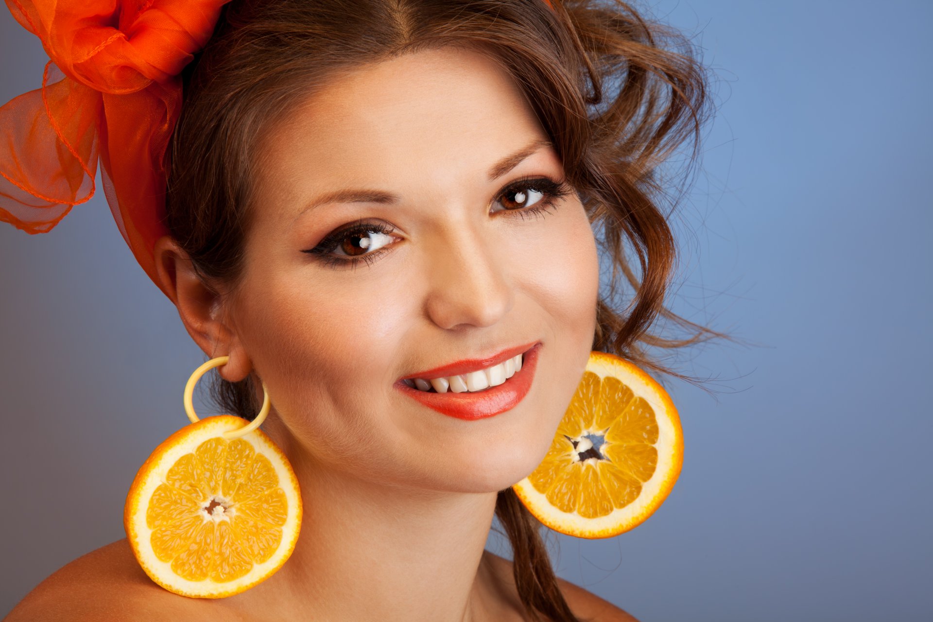 creative girl brown hair dark-eyed bow locks orange smile