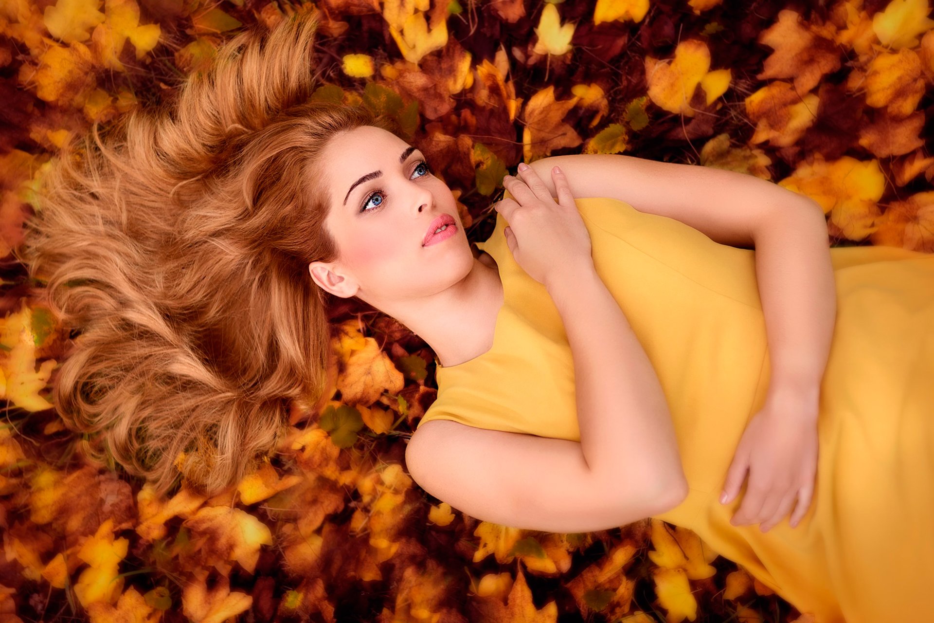 red hair portrait autumn leave