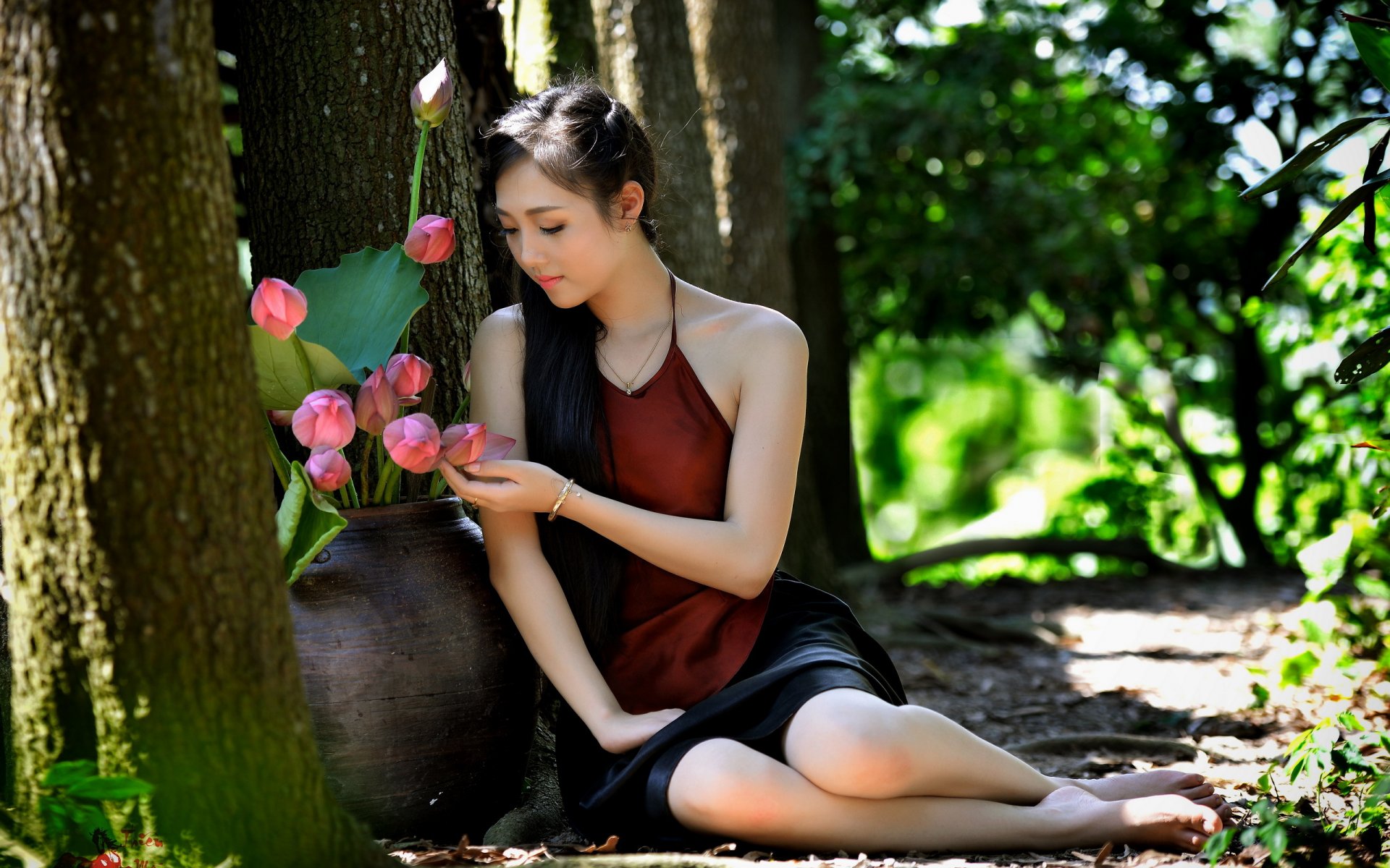 girl asian summer street flower mood