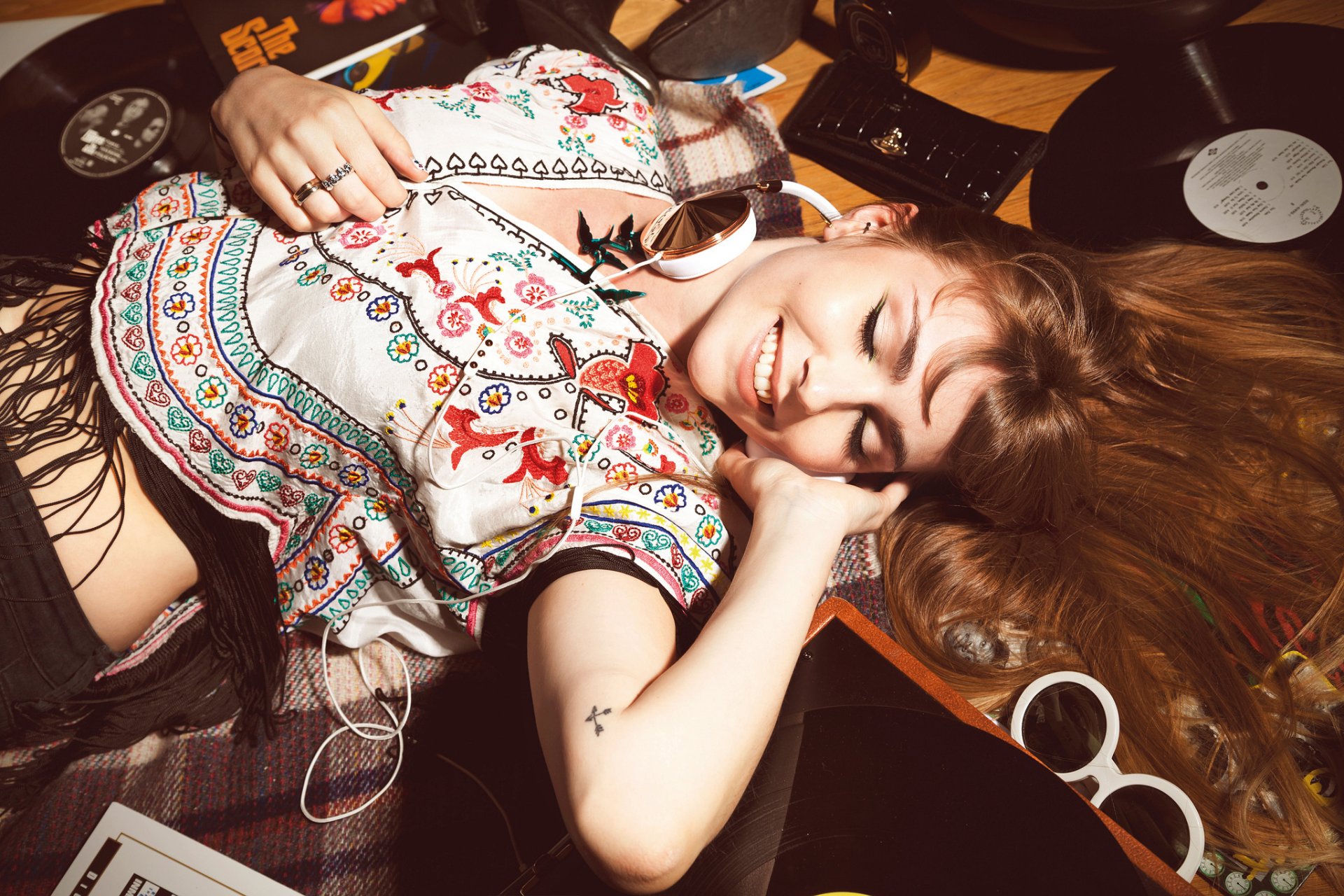girl tattoos tattoo headphones sunglasses vinyl album smile smiles is pose