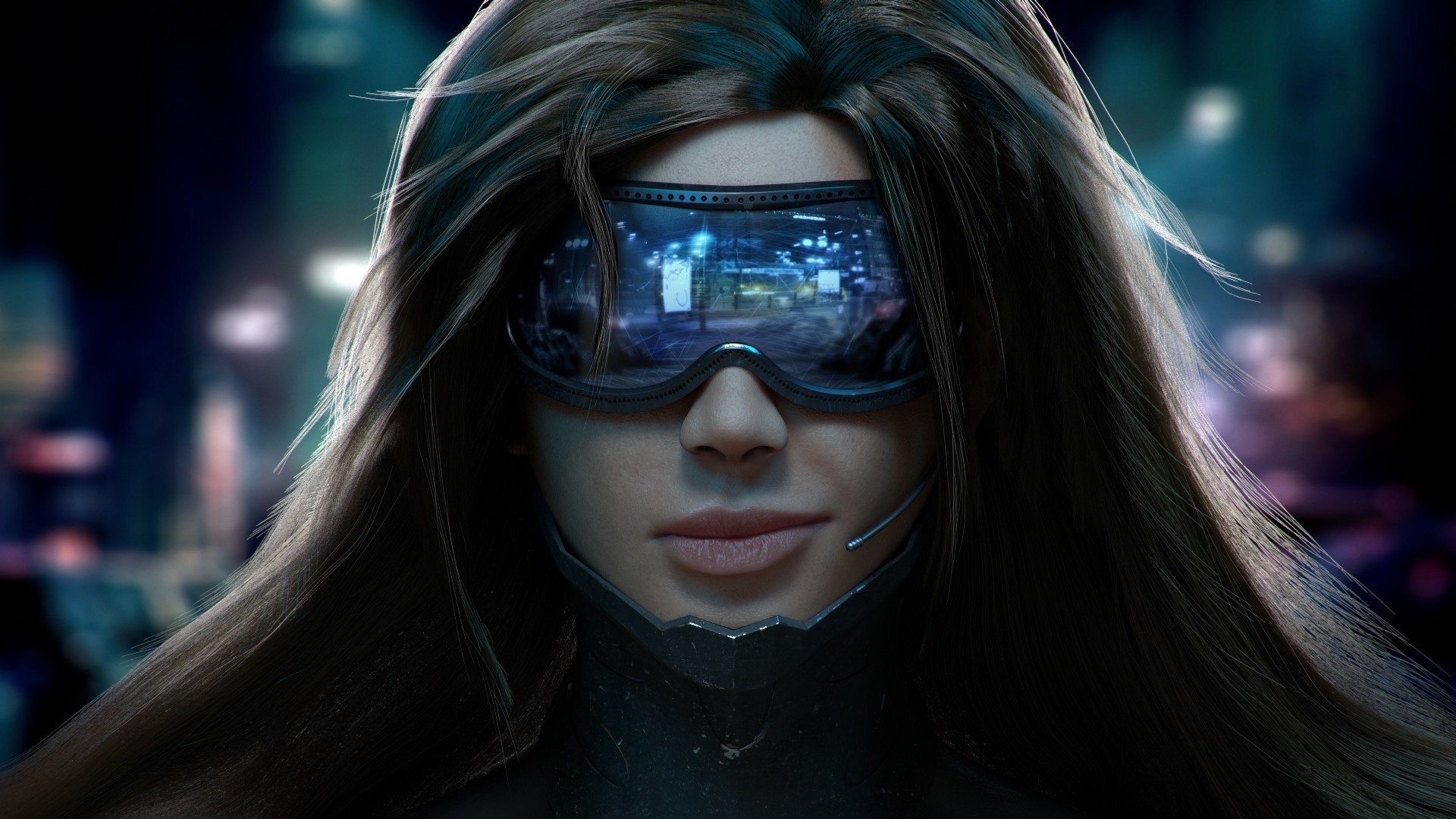 cyberpunk cara sonrisa pelo micrófono chica gafas