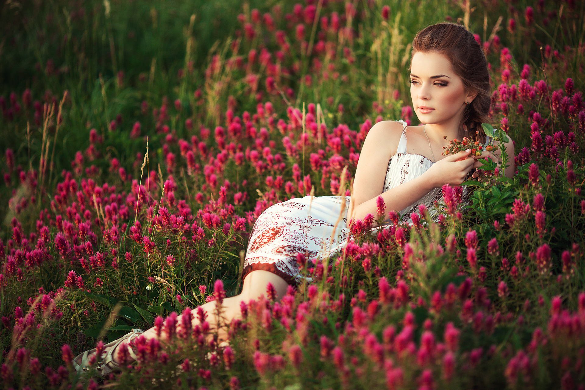 girl flower grass the field meadow summer nature