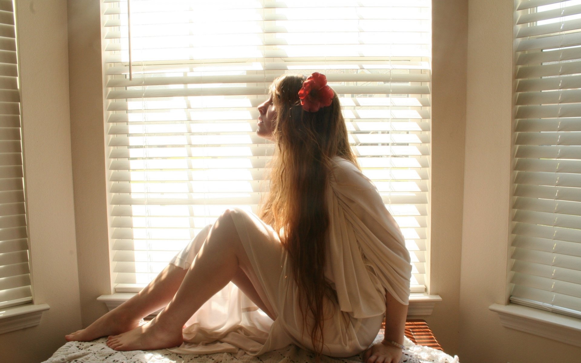 girl long hair flower sitting window blinds barefoot