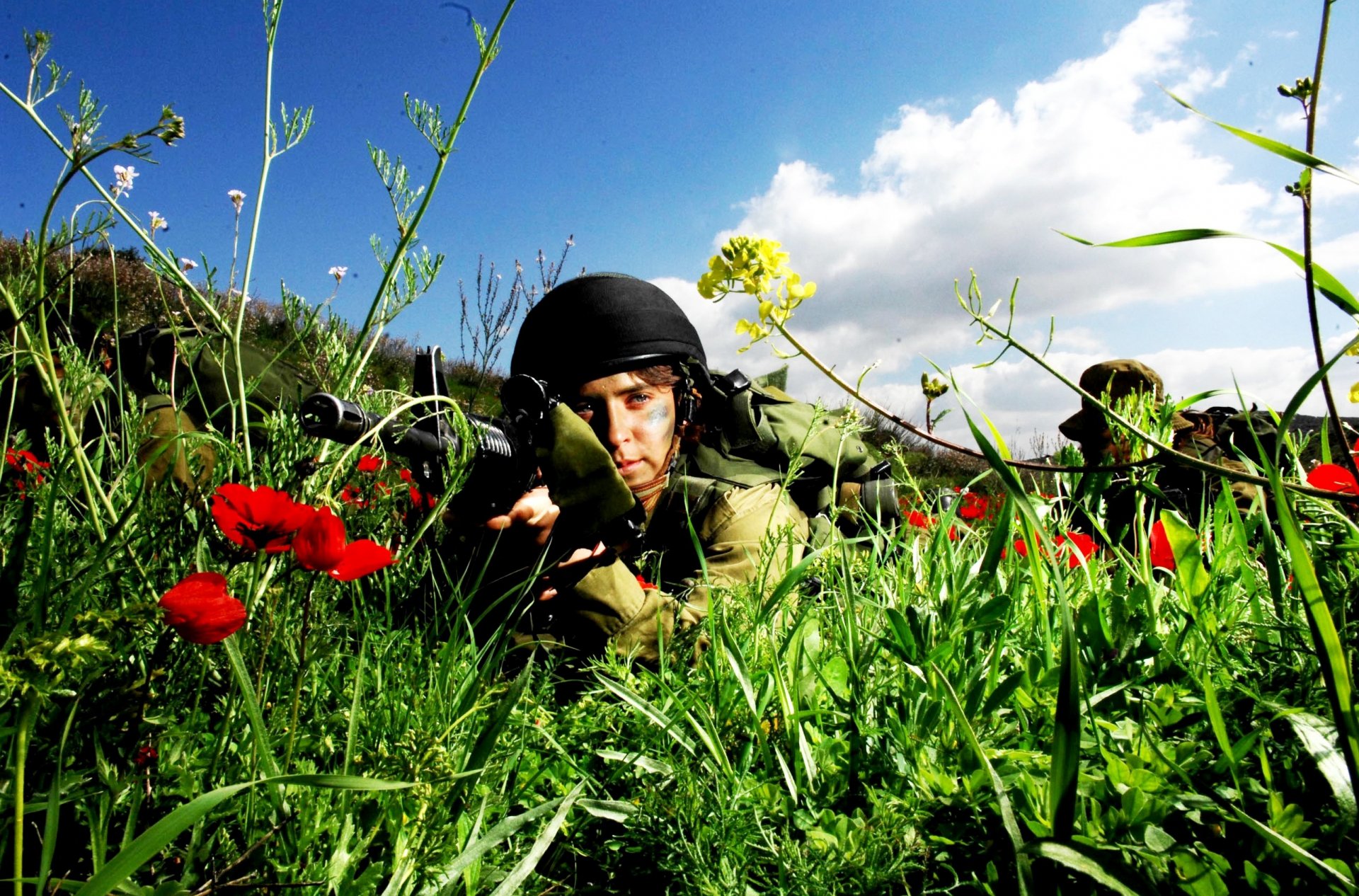 herbe fleurs coquelicots fille soldat uniforme coloration arme ciel nuages