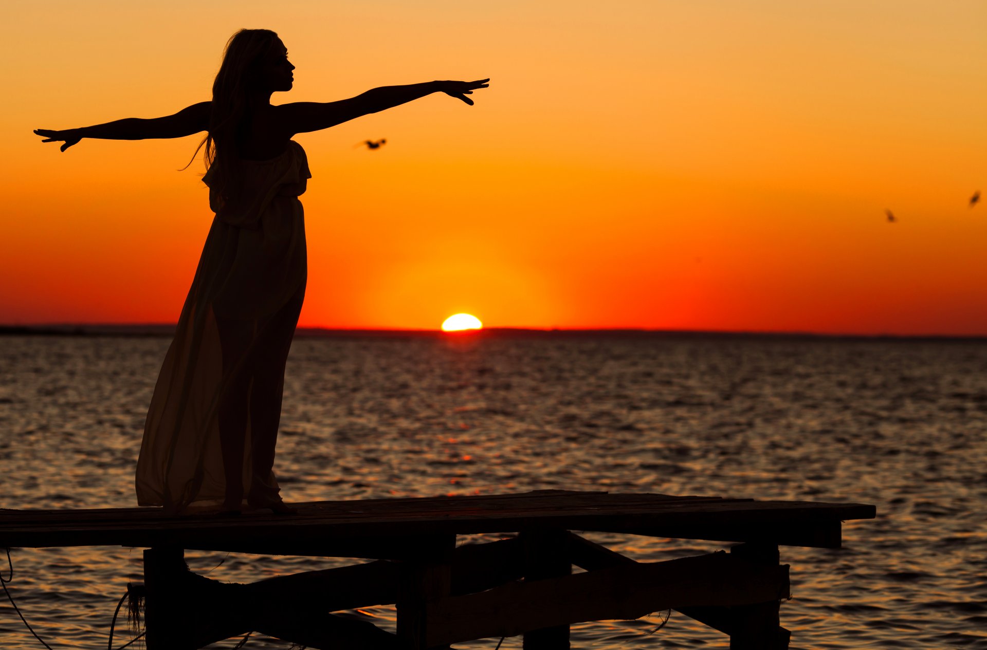 mädchen meer sonnenuntergang möwen himmel silhouette