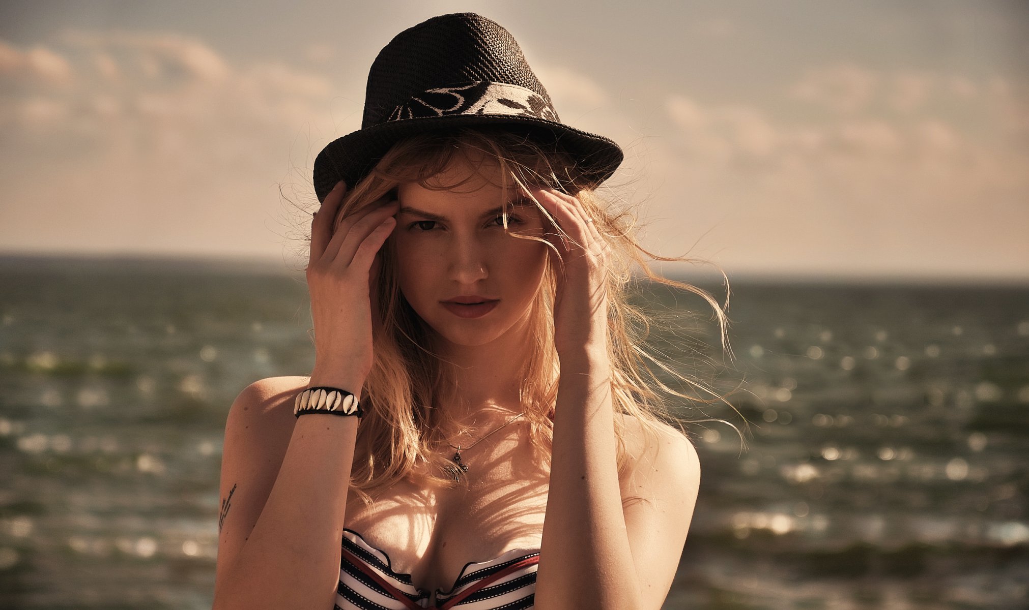 girl sea wind beach cloud