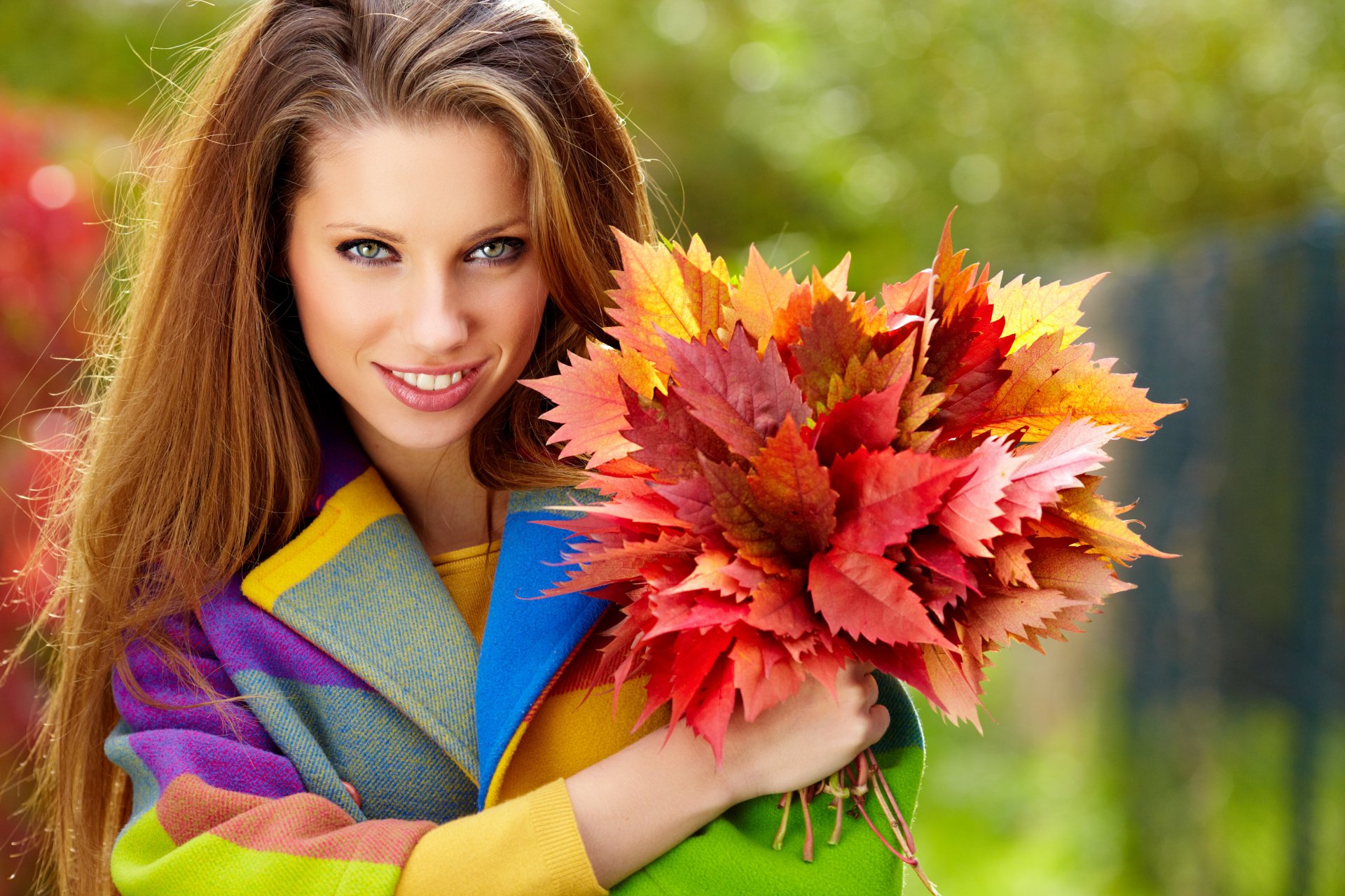 girl green-eyed brown hair hair long smile coat leaves maroon autumn