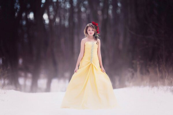 A girl in a beautiful yellow dress against a forest background