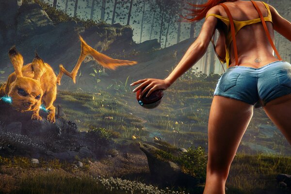 Die Magie, die im Wald mit einem Pokémon kämpft, trägt ein Mädchen in blauen Shorts und einem Ball in der Hand