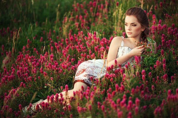 Campo di ragazza sull erba con i fiori