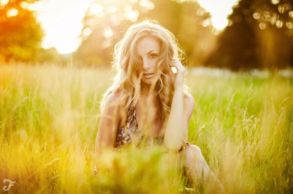 Beautiful blonde on the grass in the field