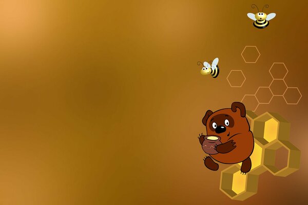 Winnie l ourson avec un baril de miel entouré de deux abeilles