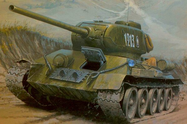 Art on the T-34-85 tank standing on the road