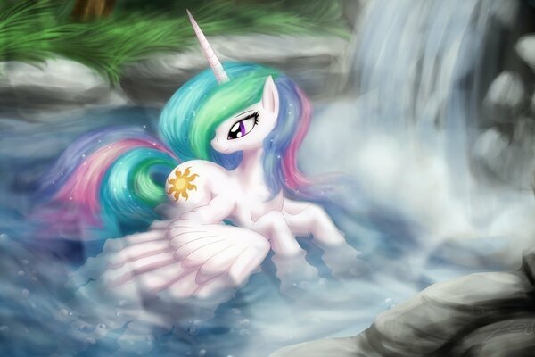 Pony Celestia che nuota in una cascata