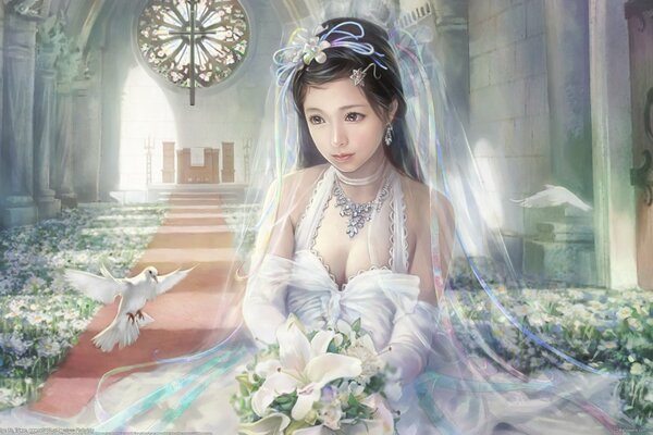 Mariée avec une robe blanche et un bouquet dans l église