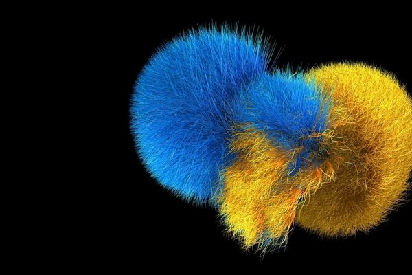 The pompom is fluffy, a voluminous ball of blue and orange color