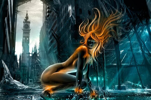 Chica desnuda con el pelo de fuego, pulseras en las manos y los pies en el sombrío fondo de la ciudad