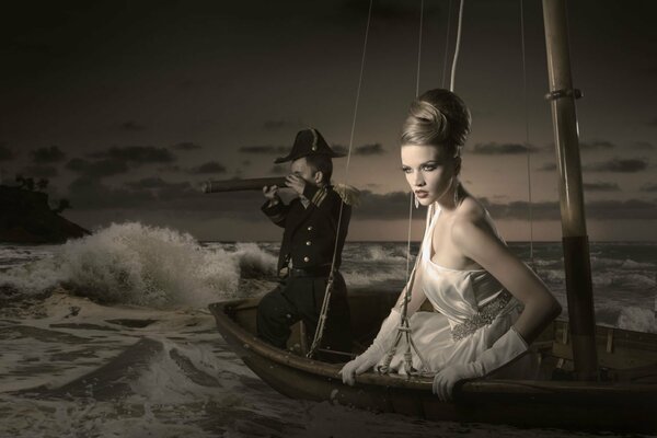 Belle fille sur un bateau avec un regard déterminé