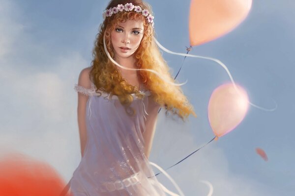 Girl with balloons on the sky background