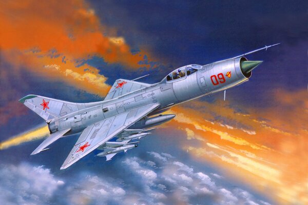 Cielo al tramonto con un monomotore con un aereo sovietico su-9
