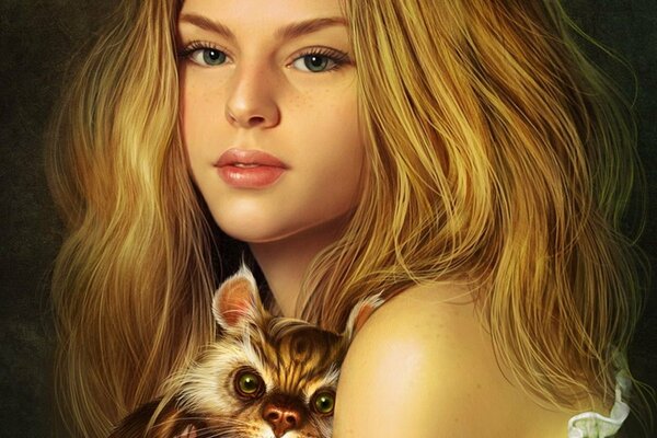 Dibujo de una chica con el pelo rubio y un gato