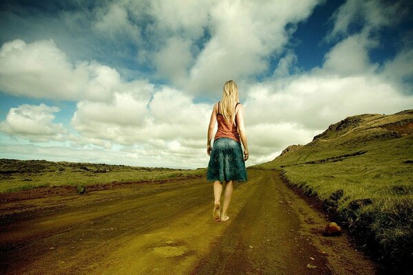 A girl walking barefoot on the road