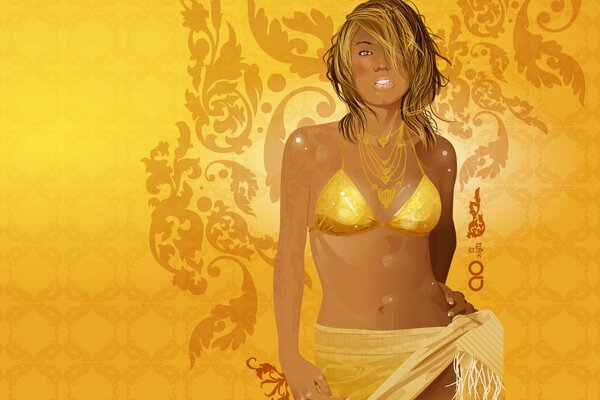 The drawing of a tanned woman is completely in yellow tones