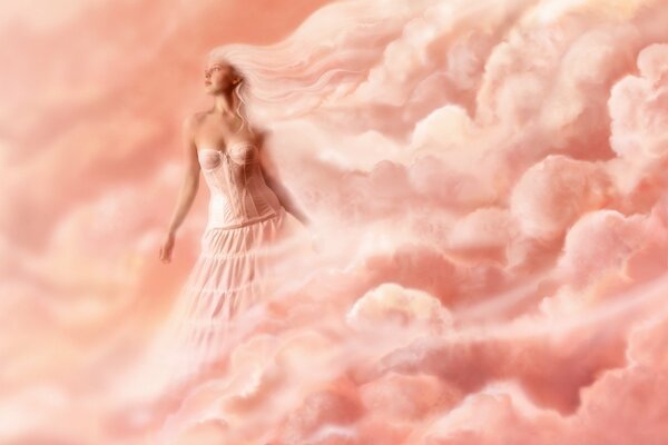 Frau mit rosa Haaren in Wolken