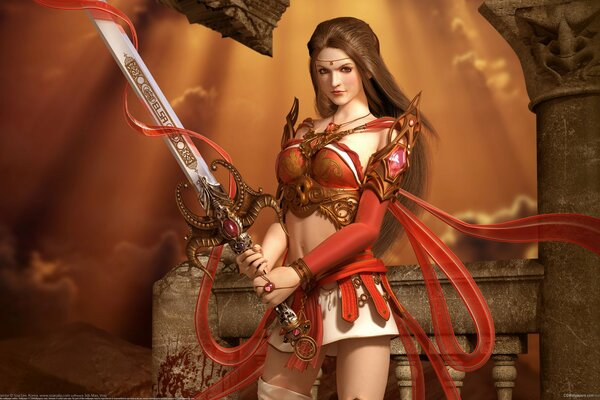 A warrior girl in red with a sword