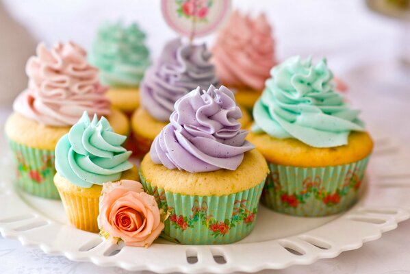 Muffins auf einer Platte mit einer bunten Creme