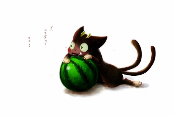 Funny creature with two tails with a watermelon