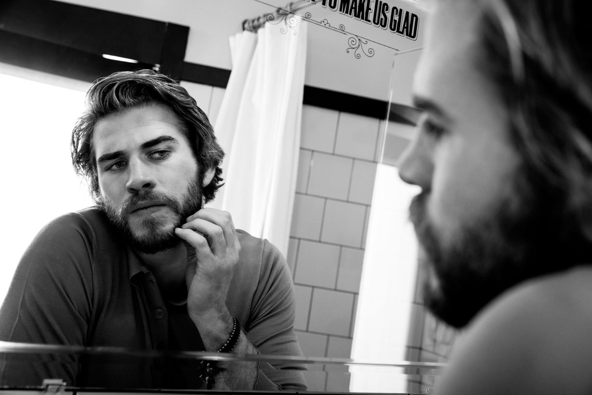 liam hemsworth liam hemsworth actor beard mirror reflection black and white photo shoot magazine esquire