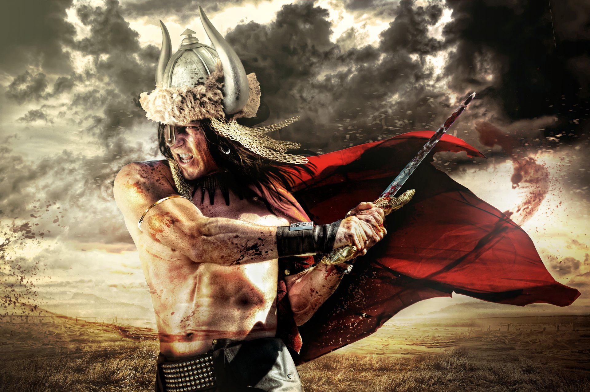 warrior men the body sword blood sky clouds background