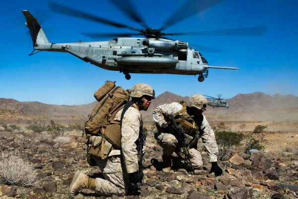 Two flying turntables and two soldiers on crusts in the field