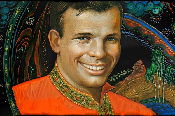 Retrato del cosmonauta Yuri Gagarin en colores brillantes