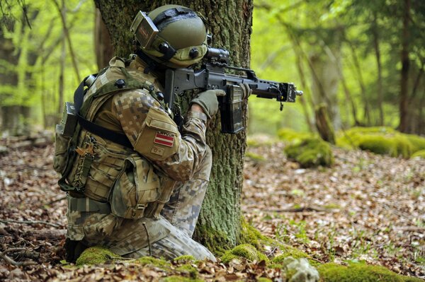 Un soldado del ejército Letón con un arma en la mano se esconde detrás de un árbol