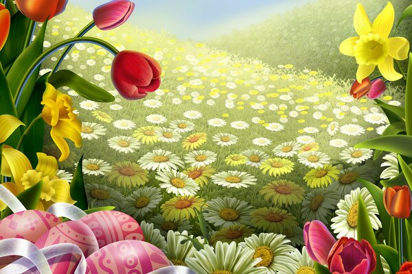 Wielkanocne zdjęcie jajek, tulipanów i stokrotek