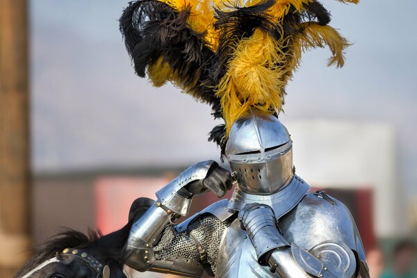Knight in armor and helmet with feathers