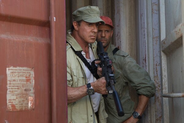 A shot from the movie the Expendables 3, with two heroes