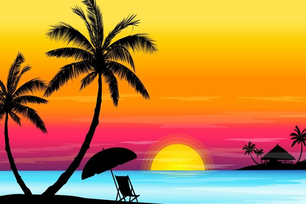 Morski Różowy zachód słońca z palmami