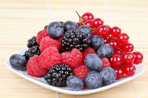 A plate of berries with currants, blackberries, raspberries and blueberries