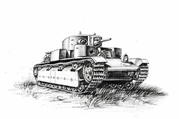 A Soviet tank drawn with a simple pencil