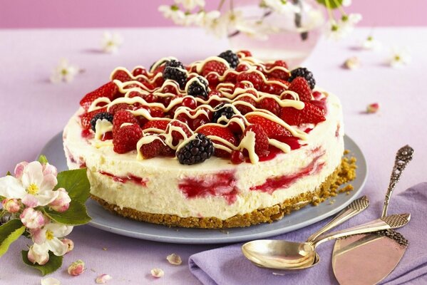 Köstlicher und zarter Kuchen mit Himbeeren