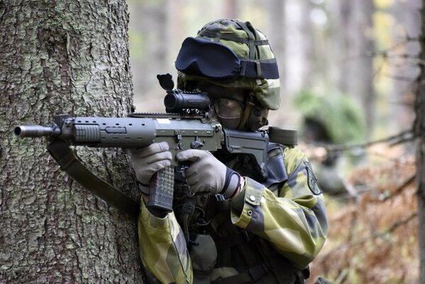 In the Swedish army, a soldier with a weapon at a tree