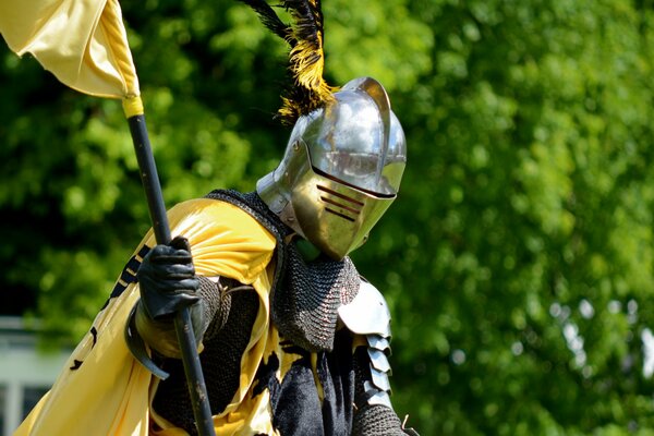 Ein Ritter in Rüstung mit einem gelben Mantel und einem Helm mit Federn