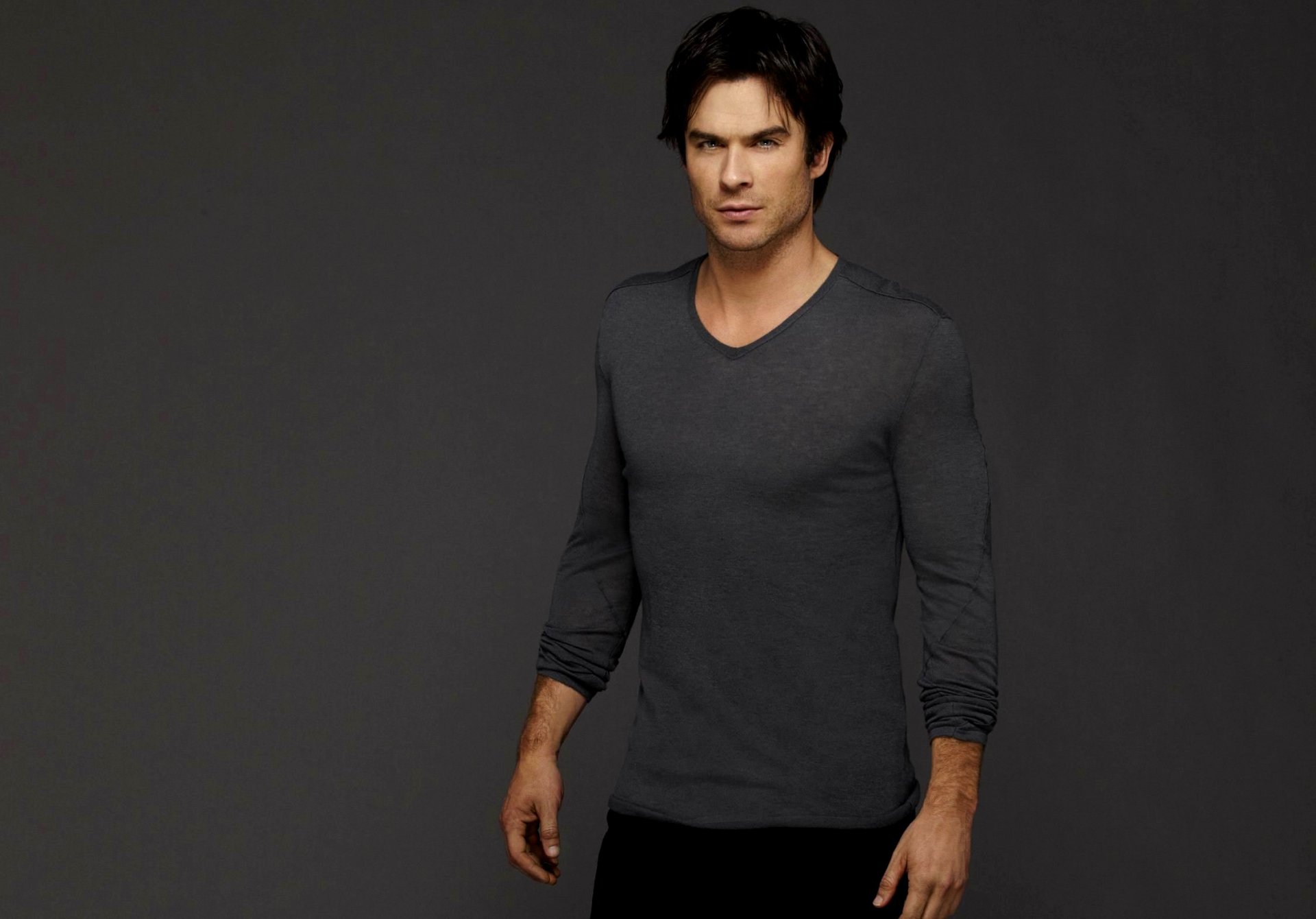 vampire diaries season 6 TV series damon salvatore male brunette actor ian somerhalder ian somerhalder background gray